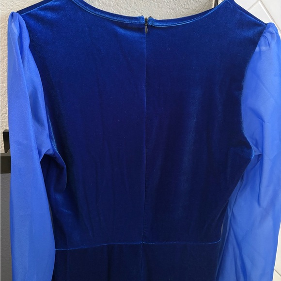BLUE MESH V-NECK WOMENS LONG-SLEEVED VELVET JUMPSUIT - Picture 6 of 6